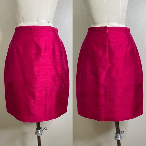100% DUPIONI SILK BARBIE CORE CAREER SKIRT ZIP UP CLOSURE RICH DEEP PINK - Picture 1 of 12